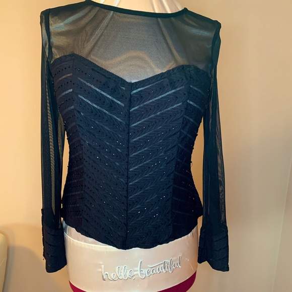 Joseph Ribkoff black mess, black beads, stretch, long sleeve dress top - Picture 1 of 6